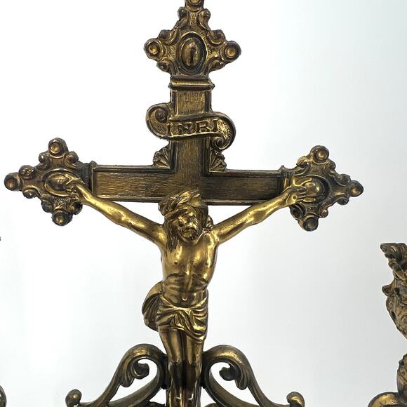 Antique Standing Crucifix Candelabra Holy Water Holder Sick Visit Last Rights - Picture 2 of 9